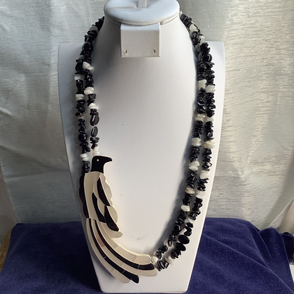 Vintage Black Cream Bird Layered Obsidian Agate Quartz Double Strand Necklace